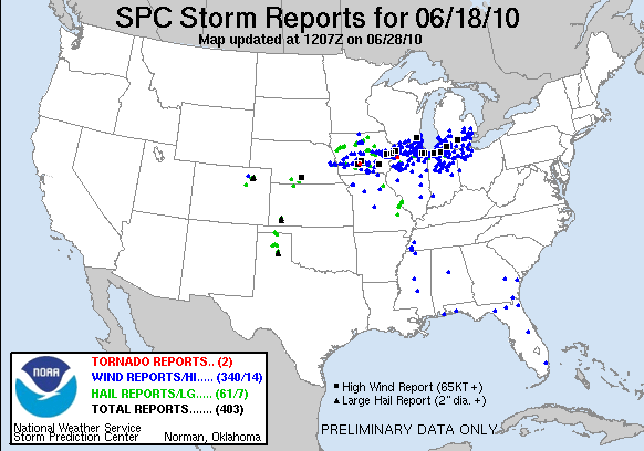 Map of SPC storm reports from Jun18, 2010