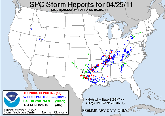 SPC Storm Reports for 4/25/2011 to 4/26/2011