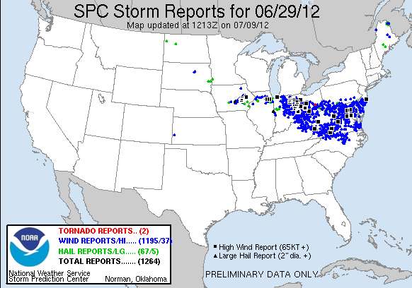 Image of Storm Prediction Center severe reports for June 29th 2012