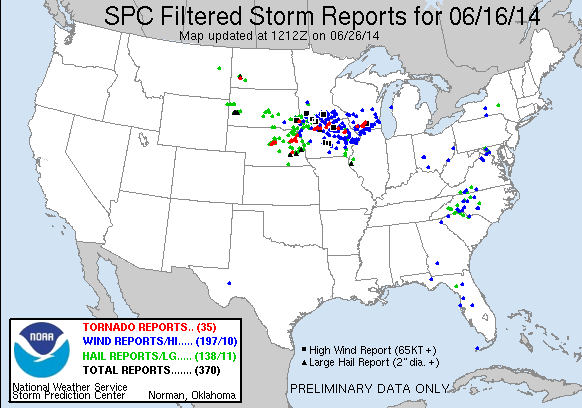 graphic showing storm reports from June 16th