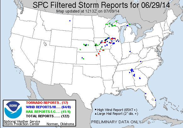 graphic showing storm reports from June 29th