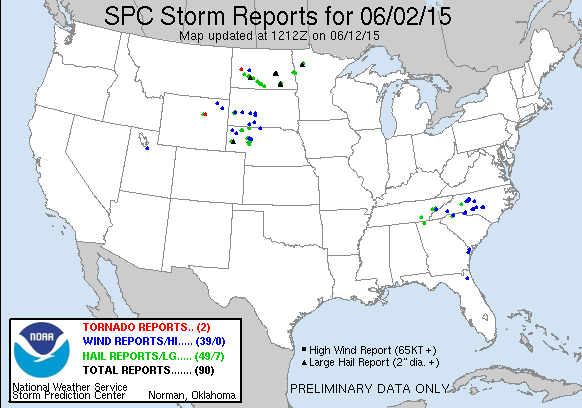 SPC storm reports for Tue June 2015