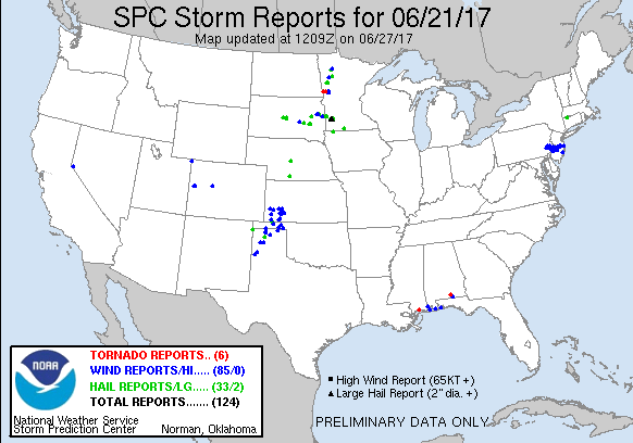 SPC storm report plots, from 12 UTC on 21 June to 12 UTC on 22 June 2017 [click to go to SPC storm reports list]