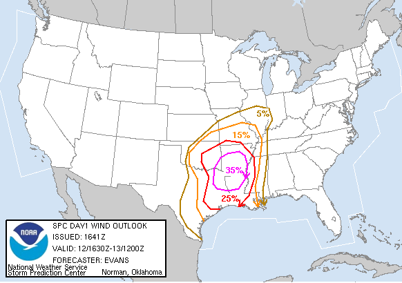 20050112 1630 UTC Day 1 Damaging Wind Probabilities Graphic