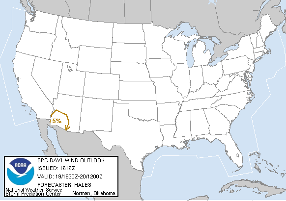 20050219 1630 UTC Day 1 Damaging Wind Probabilities Graphic