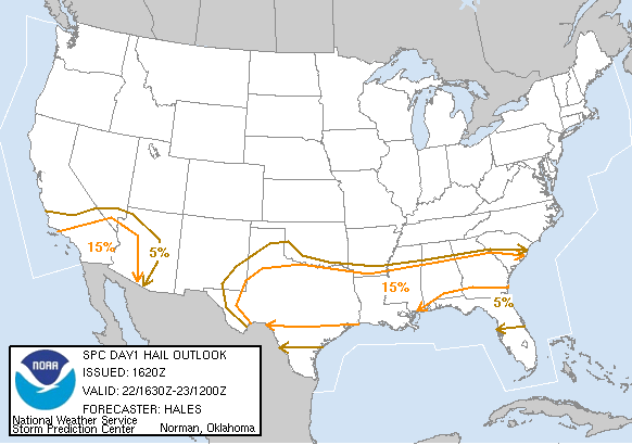 20050222 1630 UTC Day 1 Large Hail Probabilities Graphic