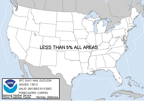 20050228 1300 UTC Day 1 Large Hail Probabilities Graphic
