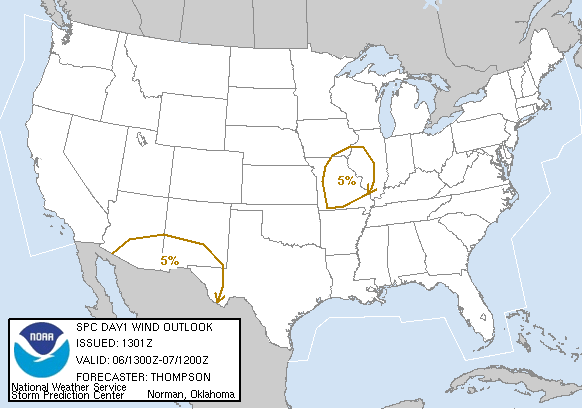 20050306 1300 UTC Day 1 Damaging Wind Probabilities Graphic