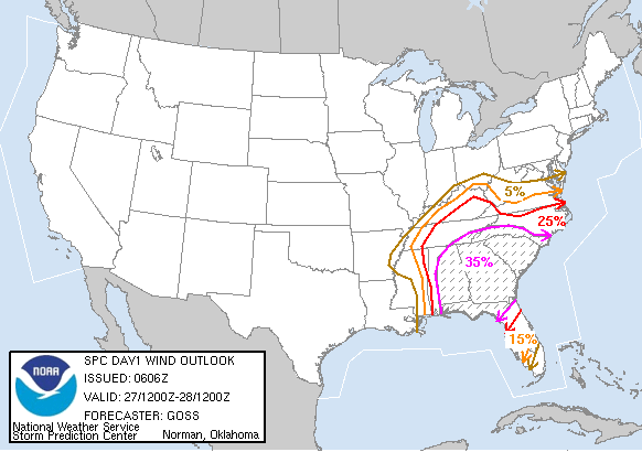 20050327 1200 UTC Day 1 Damaging Wind Probabilities Graphic