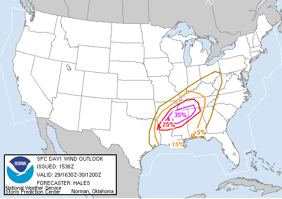 20050429 1630 UTC Day 1 Damaging Wind Probabilities Graphic