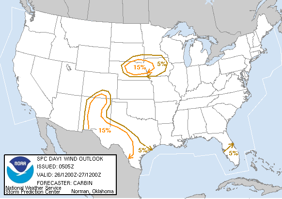 20050526 1200 UTC Day 1 Damaging Wind Probabilities Graphic