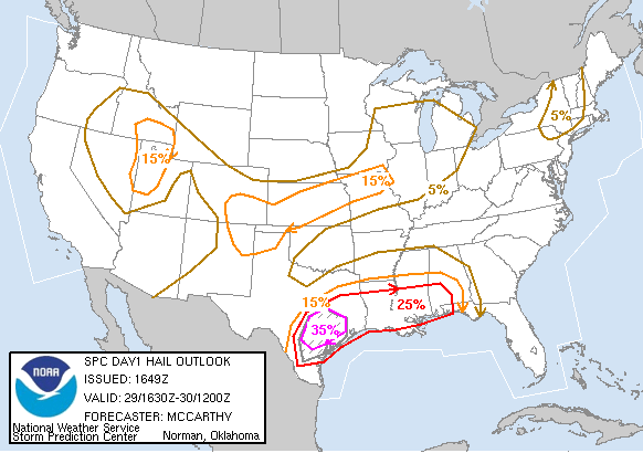 20050529 1630 UTC Day 1 Large Hail Probabilities Graphic