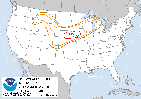 20050624 1300 UTC Day 1 Damaging Wind Probabilities Graphic