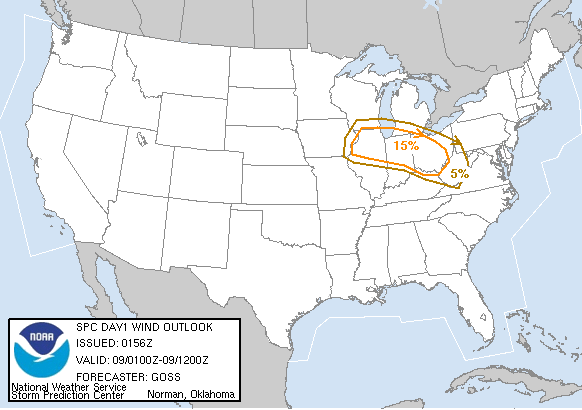 20051109 0100 UTC Day 1 Damaging Wind Probabilities Graphic