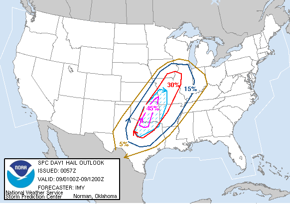 20060309 0100 UTC Day 1 Large Hail Probabilities Graphic