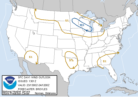 20060823 1300 UTC Day 1 Damaging Wind Probabilities Graphic