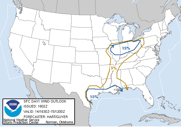 20070314 1630 UTC Day 1 Damaging Wind Probabilities Graphic