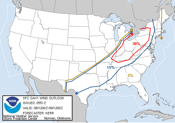 20070608 1200 UTC Day 1 Damaging Wind Probabilities Graphic