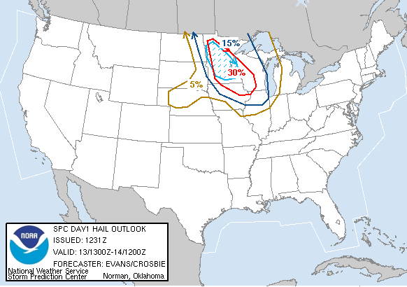 20070813 1300 UTC Day 1 Large Hail Probabilities Graphic