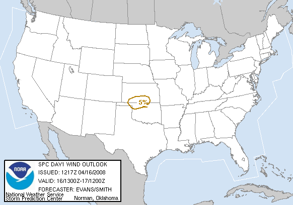 20080416 1300 UTC Day 1 Damaging Wind Probabilities Graphic