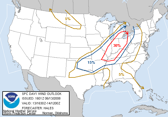 20080613 1630 UTC Day 1 Damaging Wind Probabilities Graphic