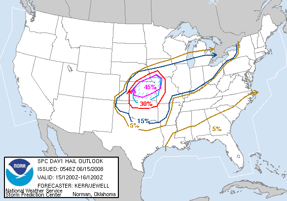 20080615 1200 UTC Day 1 Large Hail Probabilities Graphic