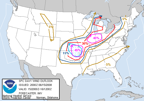 20080615 2000 UTC Day 1 Damaging Wind Probabilities Graphic