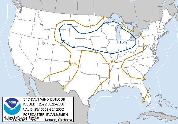 20080625 1300 UTC Day 1 Damaging Wind Probabilities Graphic