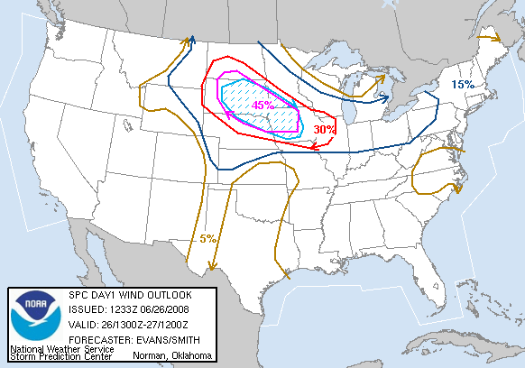 20080626 1300 UTC Day 1 Damaging Wind Probabilities Graphic