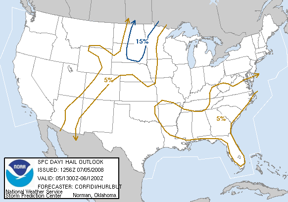 20080705 1300 UTC Day 1 Large Hail Probabilities Graphic