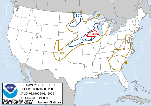 20080708 0100 UTC Day 1 Damaging Wind Probabilities Graphic