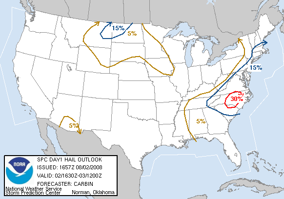 20080802 1630 UTC Day 1 Large Hail Probabilities Graphic