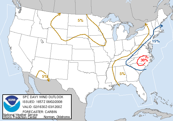 20080802 1630 UTC Day 1 Damaging Wind Probabilities Graphic