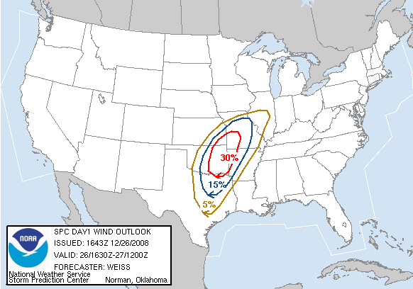 20081226 1630 UTC Day 1 Damaging Wind Probabilities Graphic