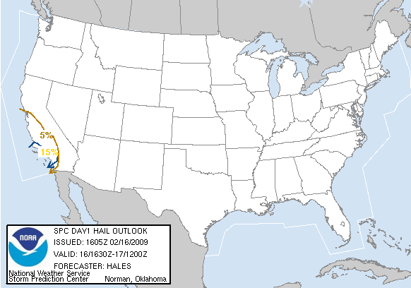20090216 1630 UTC Day 1 Large Hail Probabilities Graphic