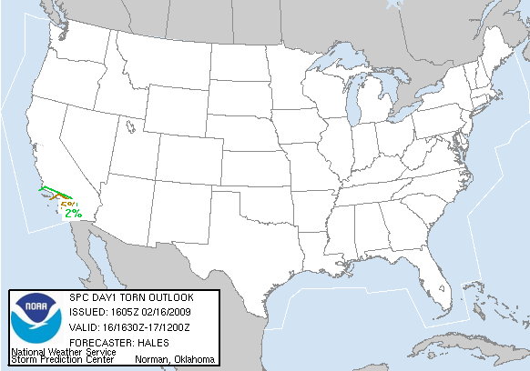 20090216 1630 UTC Day 1 Tornado Probabilities Graphic