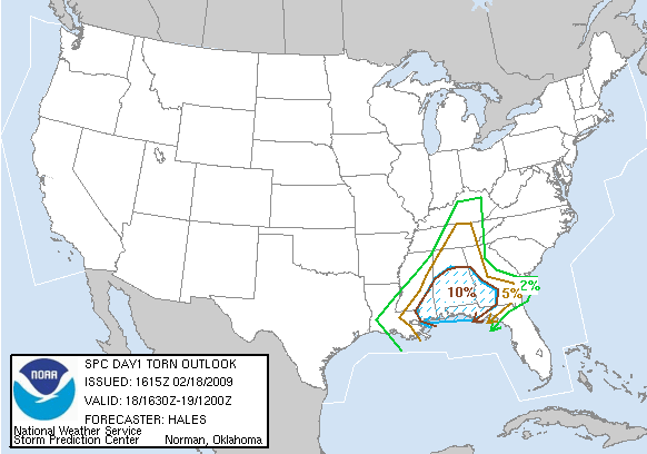 20090218 1630 UTC Day 1 Tornado Probabilities Graphic