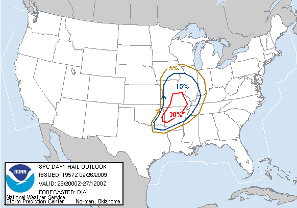 20090226 2000 UTC Day 1 Large Hail Probabilities Graphic