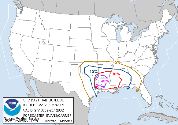 20090327 1300 UTC Day 1 Large Hail Probabilities Graphic