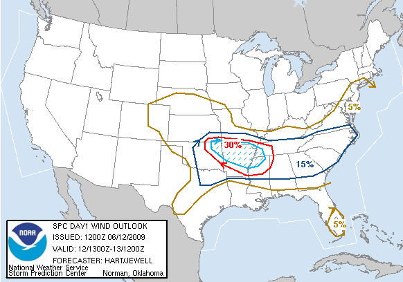 20090612 1300 UTC Day 1 Damaging Wind Probabilities Graphic