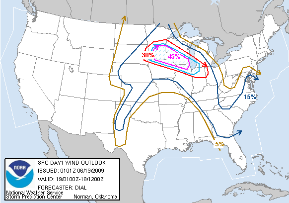 20090619 0100 UTC Day 1 Damaging Wind Probabilities Graphic