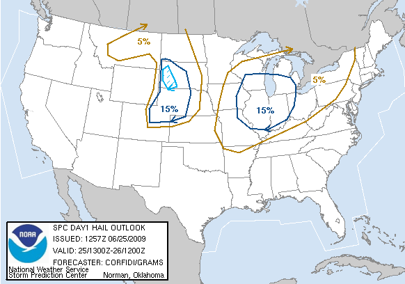 20090625 1300 UTC Day 1 Large Hail Probabilities Graphic