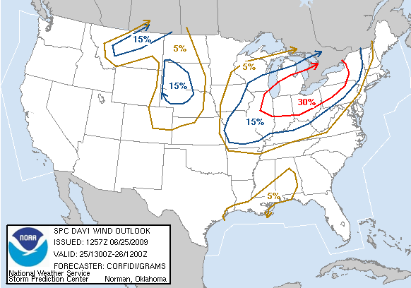 20090625 1300 UTC Day 1 Damaging Wind Probabilities Graphic