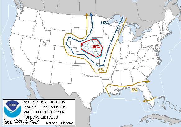 20090709 1300 UTC Day 1 Large Hail Probabilities Graphic