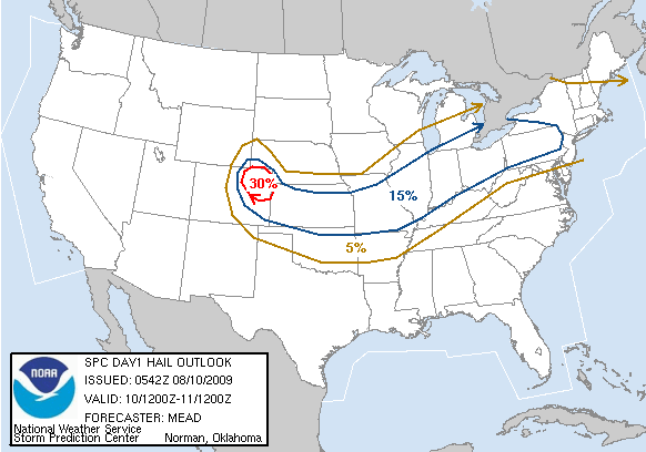 20090810 1200 UTC Day 1 Large Hail Probabilities Graphic