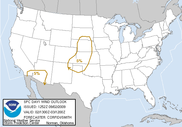 20090902 1300 UTC Day 1 Damaging Wind Probabilities Graphic