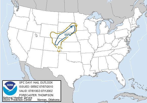 20100707 0100 UTC Day 1 Large Hail Probabilities Graphic