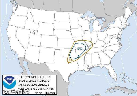 20101124 1200 UTC Day 1 Damaging Wind Probabilities Graphic