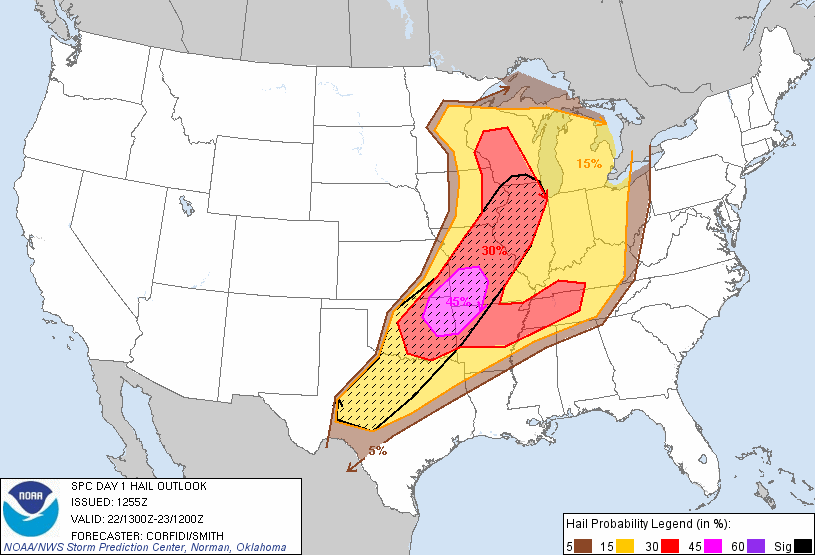 20110522 1300 UTC Day 1 Large Hail Probabilities Graphic