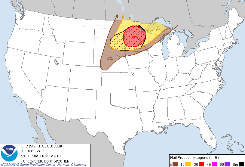 20110730 1300 UTC Day 1 Large Hail Probabilities Graphic